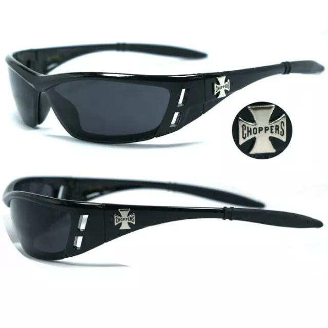 Choppers Biker Herren UV400 Sonnenbrille - Glänzend Schwarz Rauchglas C46