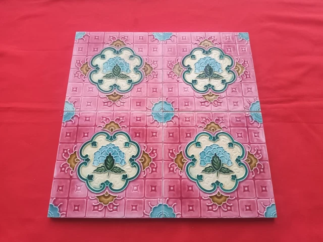 4 Piece Art Deco Floral Embossed Design Majolica Ceramic Tiles Japan 0287 2
