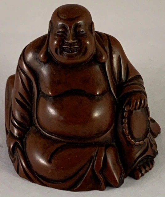 Small Mahogany Colored Red Resin BUDDHA Laughing Happy Sitting Figurine Statue