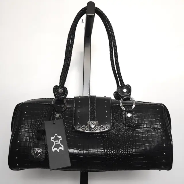 M.C. MARC CHANTAL Black Embossed Croc LEATHER Satchel Bag Handbag NEW ...