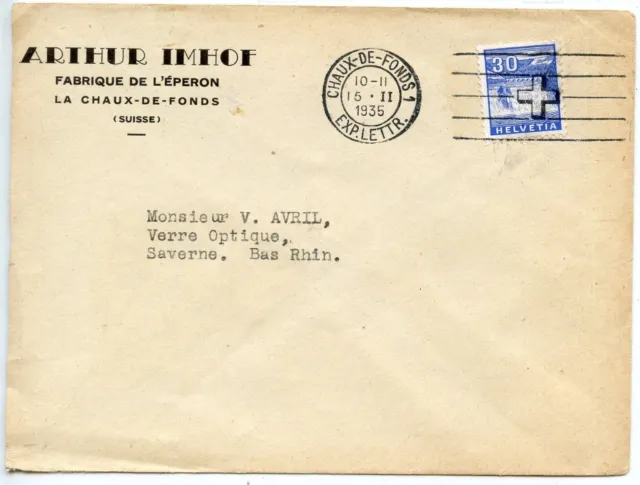 Lettre Enveloppe / Seul Sur Lettre Suisse / Chaux De Fonfs Pour Saverne 1935
