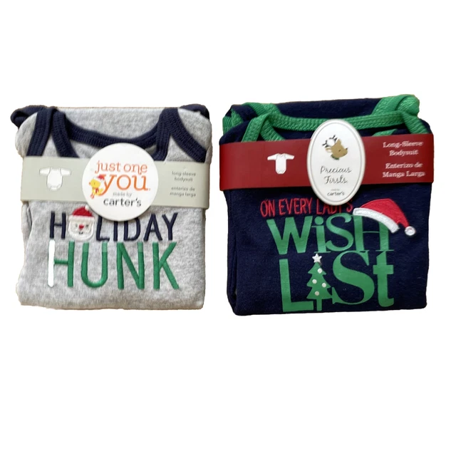 Two NWT  Infant Boy's Bodysuits Newborn Holiday Hunk & On Every Lady's Wish List