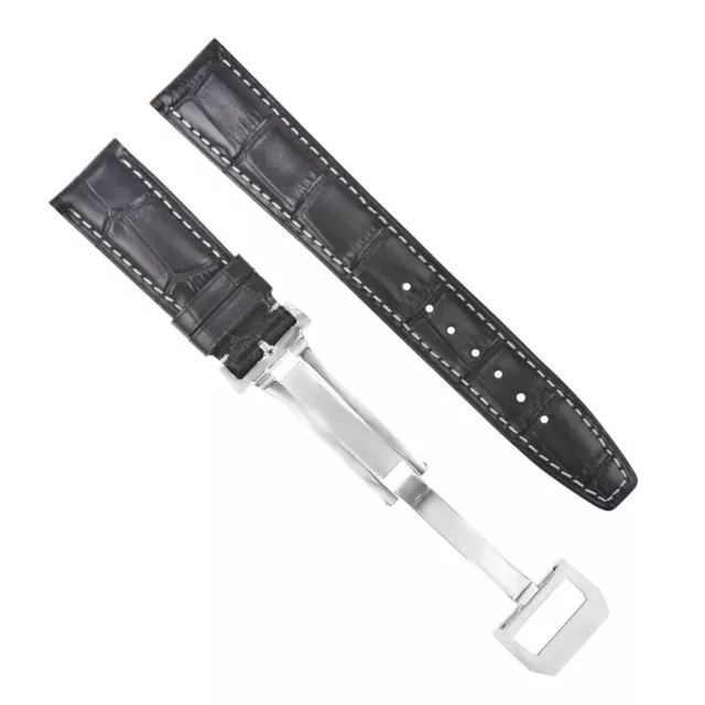20Mm Leather Watch Band Strap Deployment Clasp For Iwc Pilot Portuguese Black Ws