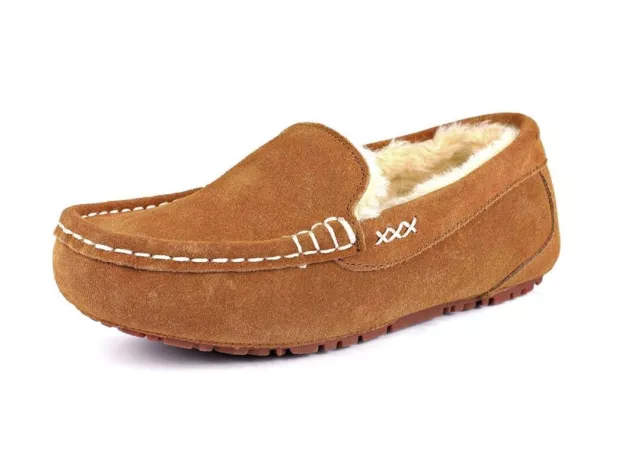 DREAMPAIR tan Suede Rubber Sole Sheepskin Lined MOCCASIN  SLIPPERS UK 8 New