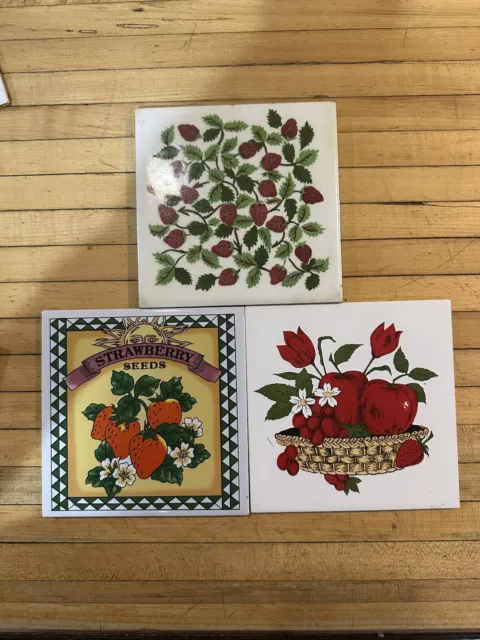 Vintage lot of 3 Art Ceremic Tile Trivet Hand Painted STRAWBERRIES Strawberry