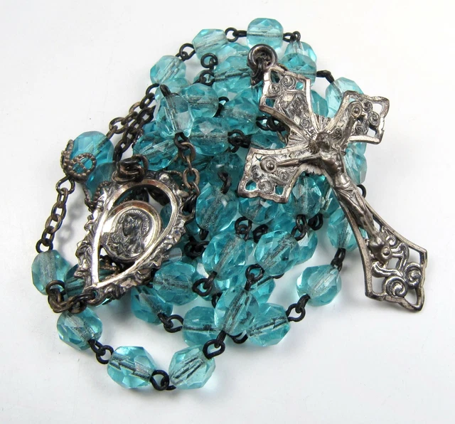Sterling Silver Crucifix Blue Crystal Bead Rosary Vintage Religious Italy 18.5"