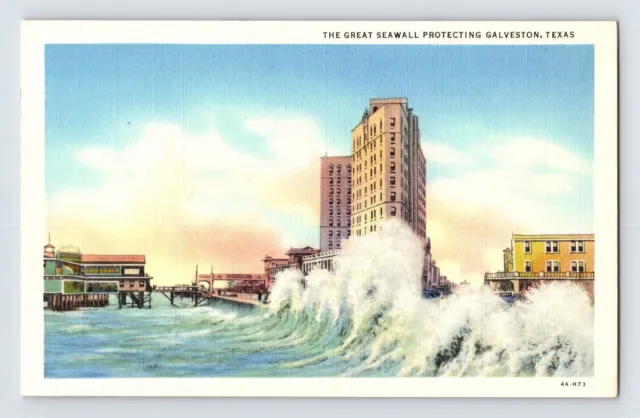 Postcard Texas Galveston TX Sea Wall Waves 1940s Unposted Linen
