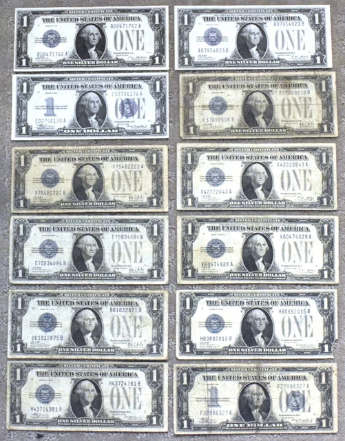Lot (12) Middle-High Grade Funny Back $1 Silver Certificates 1928 ABCD 1934 Note