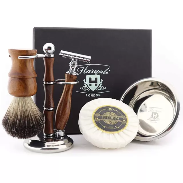 Madera Hombre Kit de Afeitado Cuchilla Puro Negro Tejón Cepillo & Bol Set Regalo