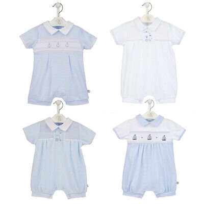 Baby Boy Short Rompers Blue White Smocked Cotton Summer Romper Suit Newborn-12 M