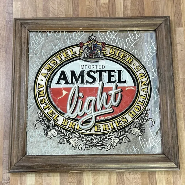 Vintage Amstel Light Beer Holland Mirror Glass Bar Sign Framed 16”x16”