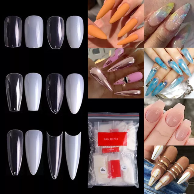 500 Pcs Fake False Nail Tips French Coffin Ballerina Stiletto Pointy Acrylic AU