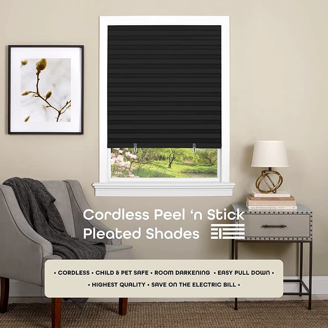 Cordless Darkening Vinyl Window Shades (36"W 75"L) Black Peel & Stick Pull Down