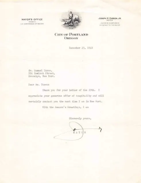 Joseph Carson Portland Oregon Mayor Autograph Signed Sam Tuzzo Letter 1940
