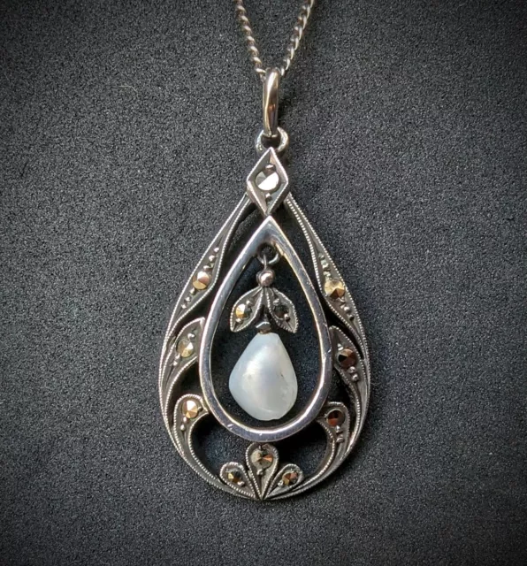 Antikes Jugendstil Collier Kette Anhänger Silber 900 Markasit Perle alt c. 1910