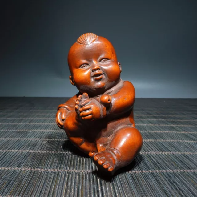 Chinese Vintage Boxwood Carved Exquisite Baby Statue Wooden Figurines Art