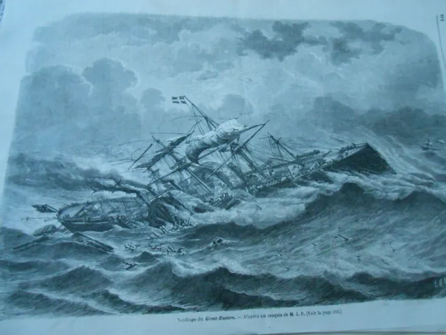 Gravure 1861 - Naufrage du Great Eastern Navire boat