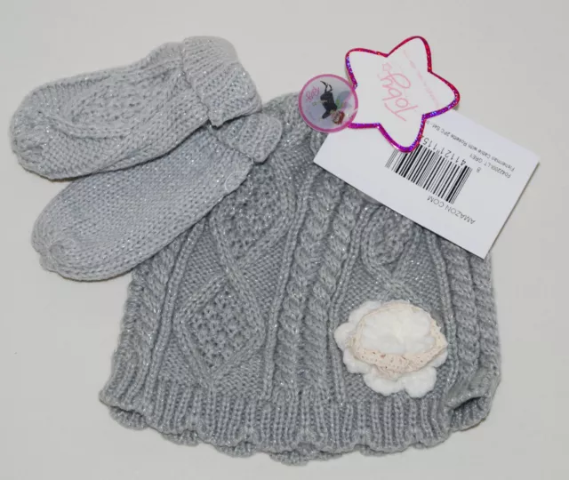 NWT Toby Infant Girl's Gray Glitter Cable Knit Hat & Mittens Set sz 6-18 Months
