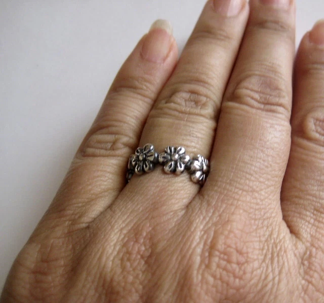 Mexican 925 Silver Taxco Oxidized Etched Girly FLOWERS RING all Fingers Sizes 3