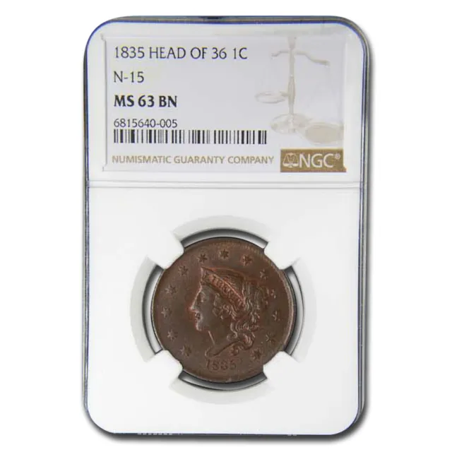 1835 Large Cent MS-63 NGC (Head of 36, N-15)