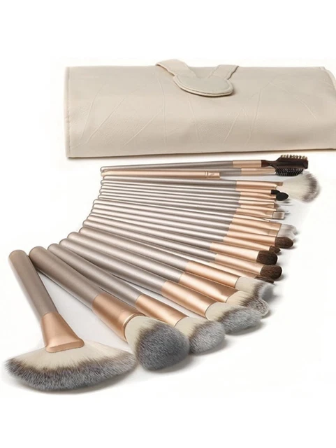 set 18 pennelli da trucco professionali manici in legno + custodia da viaggio
