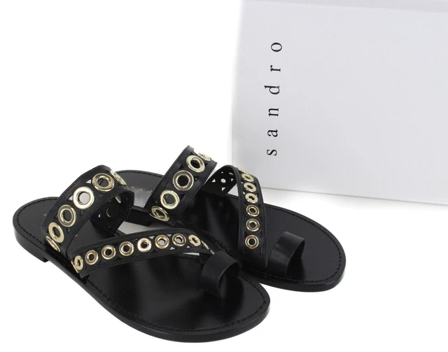 Sandro Adelie Chaussures Femmes Ue 38 /UK 5 Cuir Sandales Plates Doré Oeillets