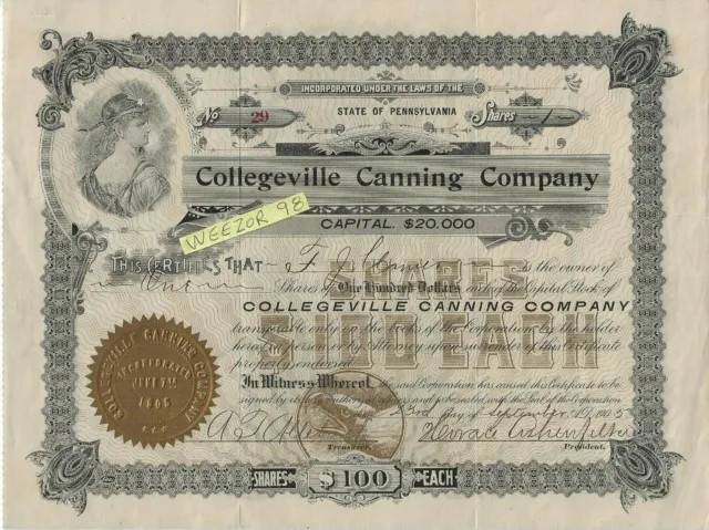 Collegeville Pa. Canning Company~Capitol Stock Certificate * F. J. Clamer * 1905