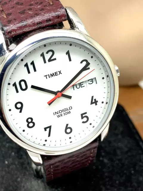 Timex Men's Watch T20041 Quartz Indiglo White Dial Day Date Leather Band 35mm