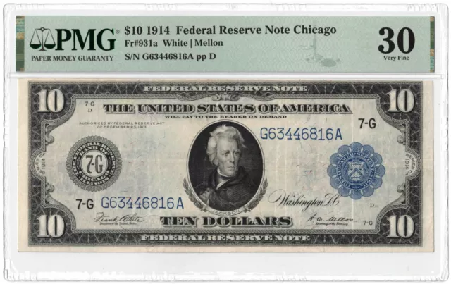 Fr.931A 1914 $10 Ten Dollars Federal Reserve Note Chicago PMG 30
