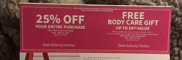 Bath & Body Works Coupon 25% Off + Body Care Gift up to $9.95 Expires 5/12/24