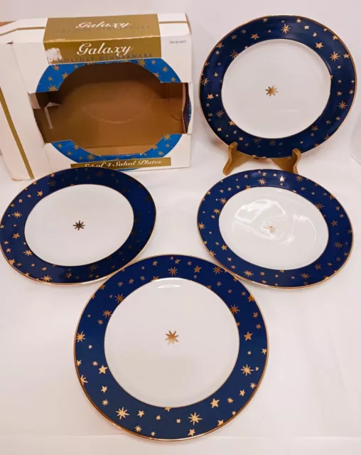 Sakura Galaxy Holiday Dinnerware Set of 4 Blue Salad Plates 14K Gold Stars Vtg