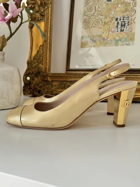 CHANEL GOLD LOGO nude beige block heel sling-back shoes, EUR 40 £309.00 -  PicClick UK