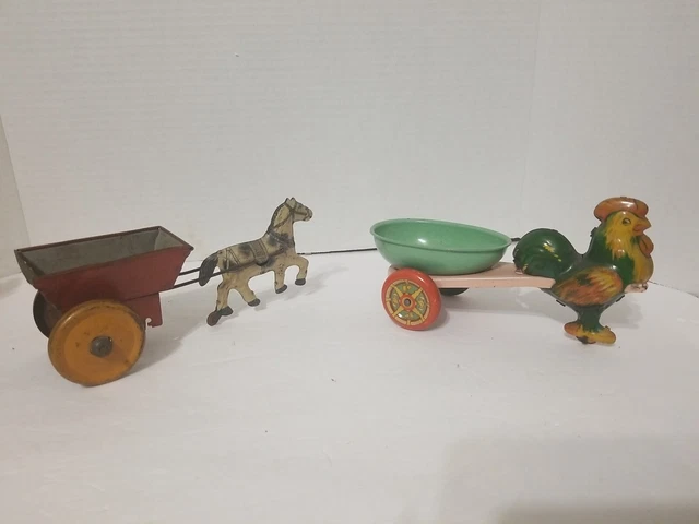 Vintage Wyandotte Toy Tin Litho Rooster Pulling Easter Cart 8” & Tin Litho Horse