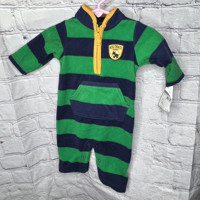 CARTERS Baby Boy Green Blue Striped One Piece Fleece Jumpsuit 3 Months NWT