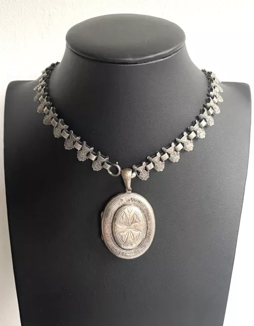 Victorian Antique Sterling Silver Book Chain Necklace & Photo Locket Pendant