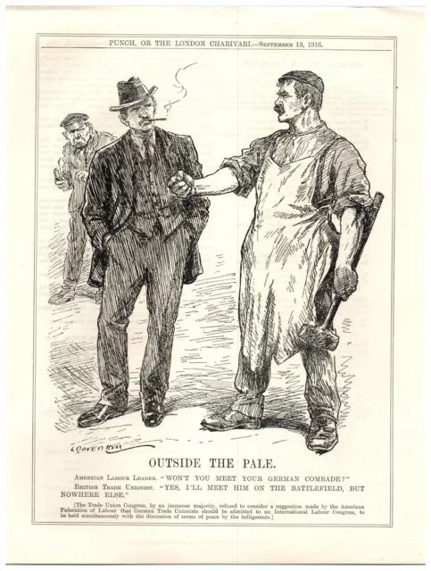 1916 British Labour Unions Hold Strong in Opposing Germany WWI Punch Cartoon
