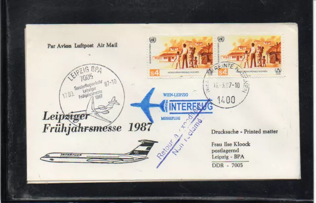 INTERFLUG SPECIAL FLIGHT UNO VIENNA  - LEIPZIG 1987 blue cachet