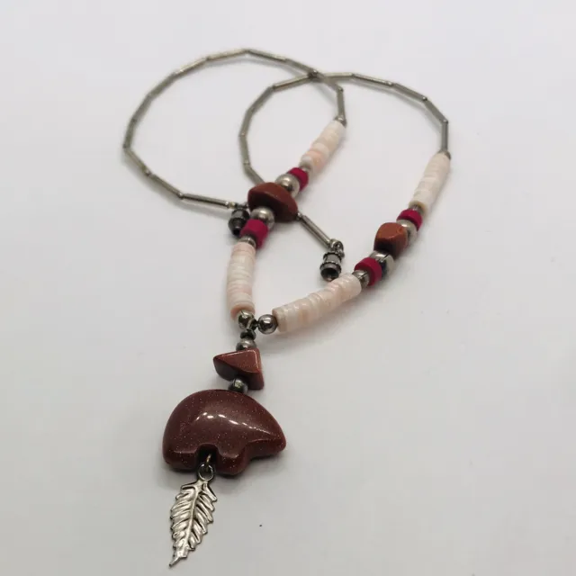 15” Liquid Silver Fetish Goldstone Glass Bear Shell Native American Necklace
