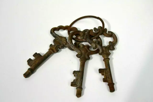 SKELETON KEYS SET Rustic Cast Iron Three on a Ring Decoration
