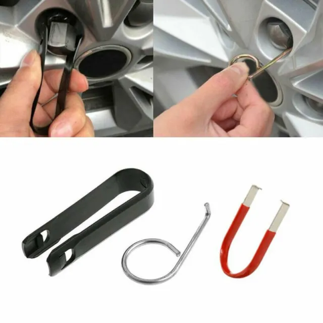 3pcs Car Wheel Lug Bolt Nut Center Cover Cap Extractor Removal Tool Hook & Clip