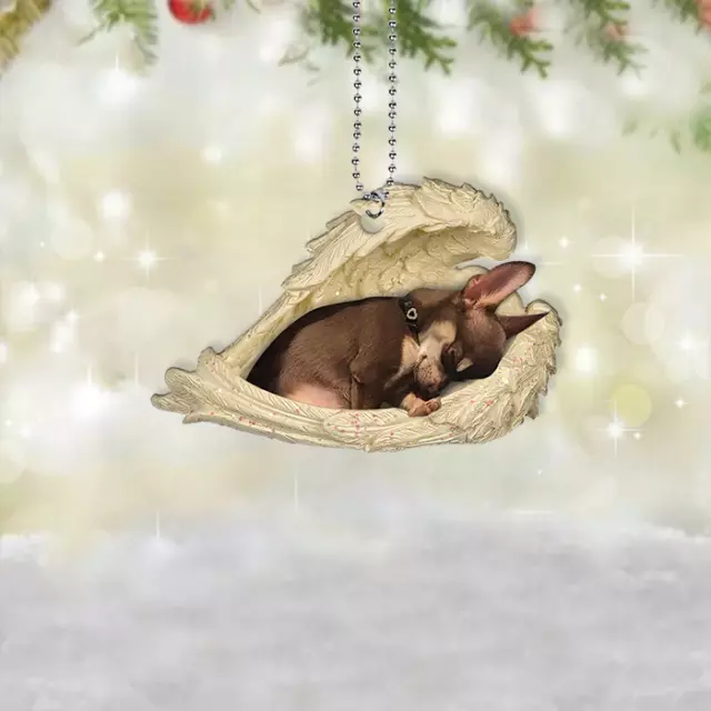 Brown chihuahua dog sleeping Angel Wings Christmas hanging car Ornament Gift