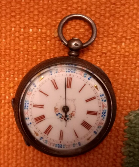 ANTIQUE SWISS 0.935 Silver Enameled Dial Ladies Pocket Watch Working