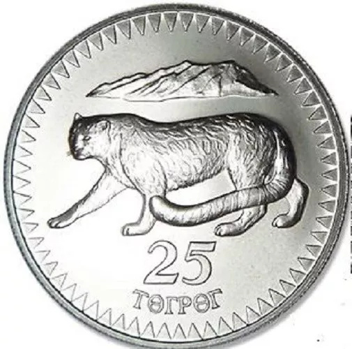 Rare 1987 Mongolia Large Silver Matte 25 Togrog-Snow Leopard-mintage 850