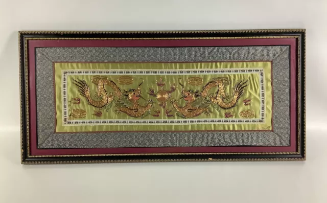 Gold thread Embroider Dual Dragons Chinese Silk Tapestry signed and glass framed