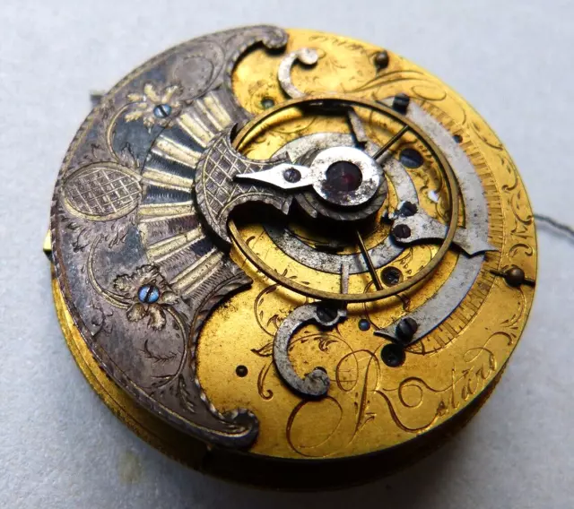 Mouvement gravé de montre gousset de poche à coq  18e siècle watch