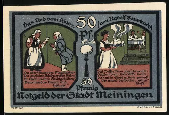 Notgeld Meiningen 1921, 50 Pfennig, Lied vom Hütes, Frau und Magistrat