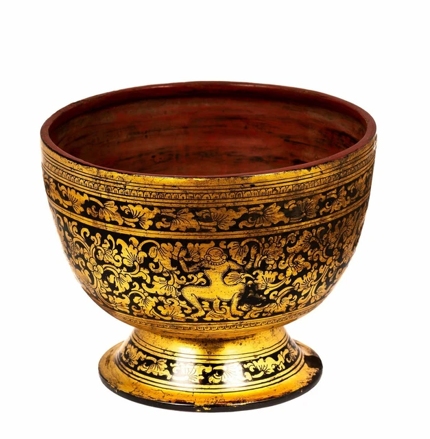 Early 20th Century Antique Burmese Shwe Zawa Lacquerware Bowl - 14cm/6" Tall