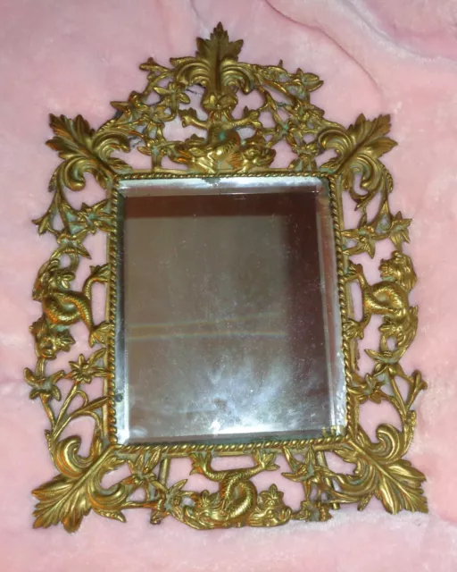 Unique Antique Vintage Brass Dragon Detailed French Style Mirror Wall Hanging