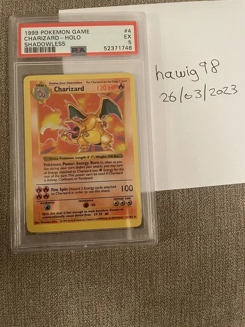 CHARIZARD 1999 Pokemon Base Set Shadowless Card Holo PSA 5 Ex 4/102