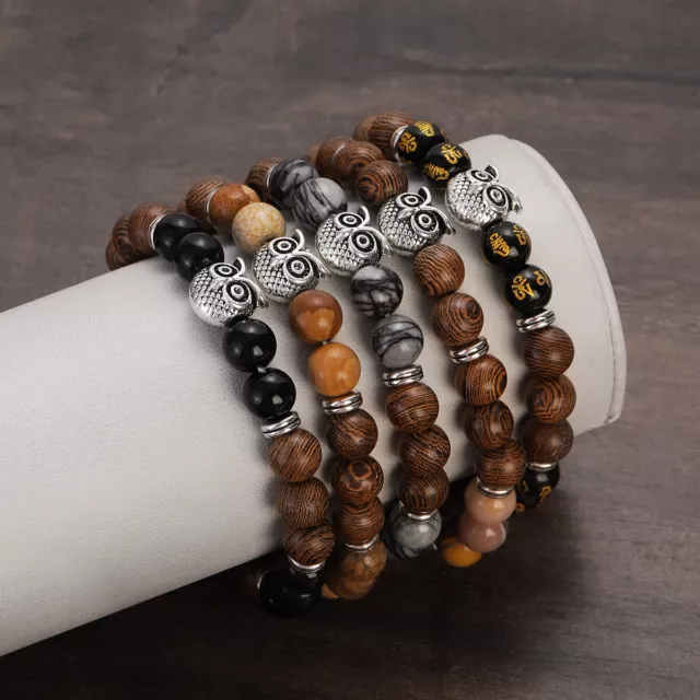 Handmade 8mm Natural Round Wood Owl Beads Stretchy Bracelets Healing Reiki 7.5"